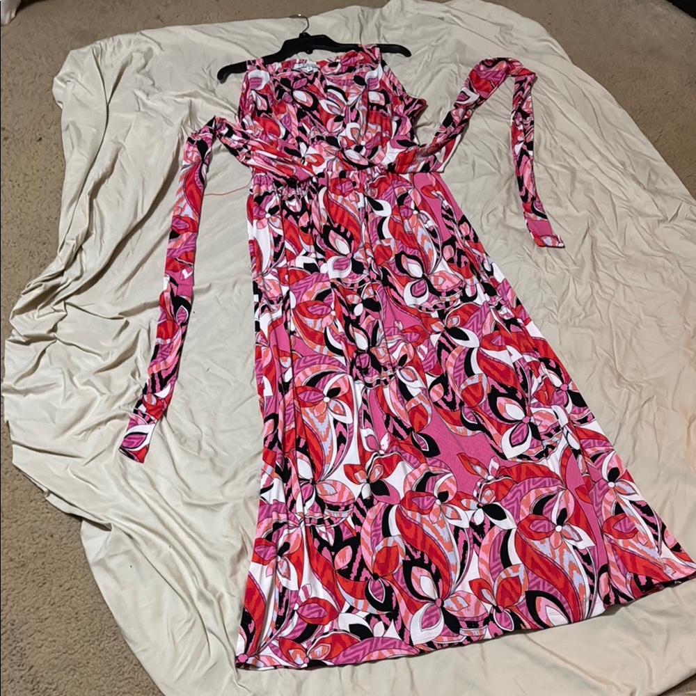 Chaus Pink and Black Sleeveless Cowl Neck Sundress